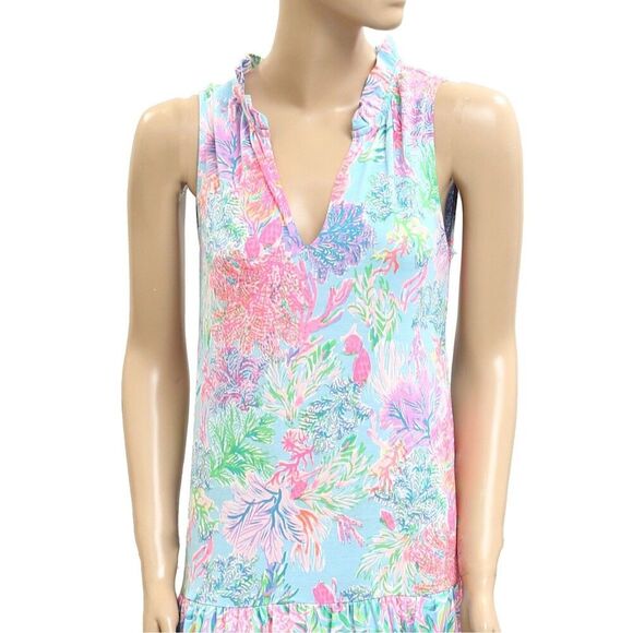 Lilly Pulitzer Floral Printed Tank Midi Dress Drop Waist Tiered Ruffle XS 282427 - Picture 2 of 5